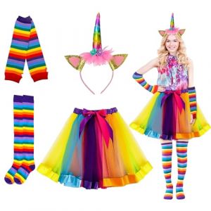 NHYDZSZ 4 Pièces Robe Princesse Fille Licorne, Deguisement Licorne Princess Adults Tutu Bandeau de Licorne Gants Chaussettes Costume de Licorne pour Adults Carnaval, Cosplay, Licorne (RUILAISI, neuf)