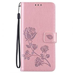 Midmelon Housse de Portable pour Huawei Honor 9 Lite,Motif de Fleurs Roses 3D en Relief Antichoc Mince Cuir Rabat Bourse Etui Coque avec Porte Cartes Support,Or Rose (Ucikov, neuf)