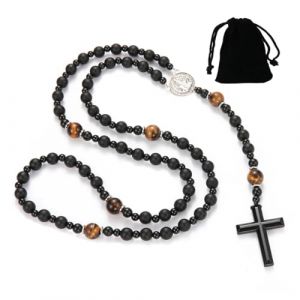 Collier chapelet catholique homme femme croix, collier chapelet en pierre naturelle, collier en roche volcanique et obsidienne, pour chrétiens catholiques Communion religieuse, baptême, messe, Bible (YU CHENGLONG DE DIAN, neuf)