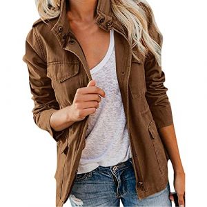Veste Militaire Femme Blouson mi Saison Grande Taille Manteau Court Parka en Coton pour Printemps Décontracté Kaki Jacket Veste en Jean Saharienne Femme Legere Sports avec Poches Ziper S-5XL (Blingko, neuf)