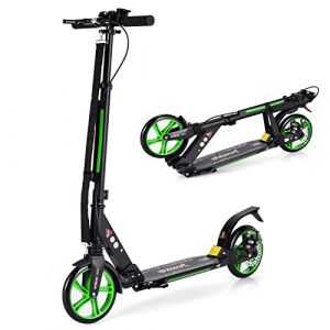 GYMAX Trottinette Enfants et Adultes, Plus de 8 Ans, Trotinette Pliable &agrave; Hauteur R&eacute;glable, Charge Max 100 KG, Scooter en Alliage d'Aluminium avec Freinage Double, 95 x 37 x 86,5-101 CM (Vert) (GYMAX EU, neuf)