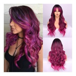 Perruque femme Perruque mode Style européen et américain nouvelle perruque for les femmes noir dégradé couleur violet cheveux longs bouclés vague moyenne cheveux bouclés en Fiber Perruque (zhongchengwu, neuf)