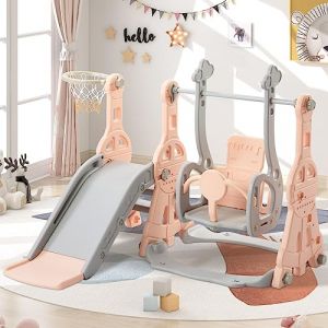 Toboggan Enfant avec Balançoire,4 en 1 Toboggan Intérieur et Extérieur Enfant Aire de Jeux avec Balançoire Réglable en Hauteur,Escalier,Panier de Basket,Charge Max. 45 KG, Rose (VISTA SHOP ST S.R.L., neuf)
