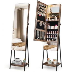 RELAX4LIFE Armoire &agrave; Bijoux sur Pied avec Miroir sans Cadre, Miroir Rangement Bijoux LED avec Tiroir Inclinable & &Eacute;tag&egrave;re Ouverte, Meuble Bijoux Verrouillable pour Chambre Dressing (RELAX4LIFE, neuf)