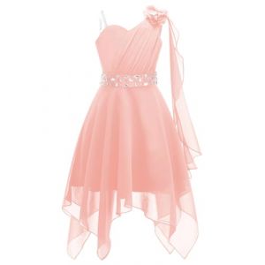 YiZYiF Enfant Fille Robe Princesse Soirée Mariage Cérémonie Strass Une Epaule à Fleur Mousseline Robe Demoiselle d'honneur Bal Fête 5-16 Ans Rose 5-6 Ans (Shifang, neuf)