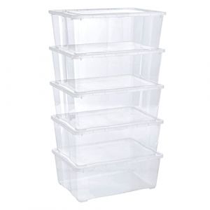 Grizzly Lot de 5 Boites de Rangement avec Couvercle - 10 L - Caisses empilables en plastique transparent - Pour vêtements, chaussures, jouets, bricolage (GRIZZLY SHOP, neuf)