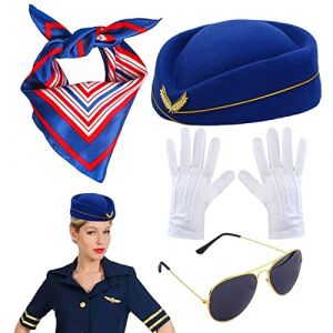 BommFu Ensemble d'accessoires de costume d'h&ocirc;tesse de l'air | Kit de d&eacute;guisement d'agent de bord | Chapeau d'h&ocirc;tesse de l'air avec accessoires de Costume de Cosplay pour f&ecirc;te de carnaval (adjusu, neuf)