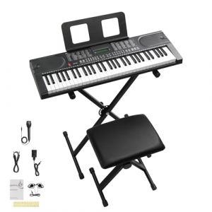 LEADZM Clavier Piano 61 Touches, Piano Numérique avec Touches Éclairées, LCD Écran, MIDI, Support X de Clavier Électrique, Banc de Piano, Pupitre, Casque, Microphone (Noir) (VICTOPV, neuf)