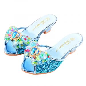 Monissy Reine des Neiges Princesse Elsa Mules Talon Haut Pantoufle Bouche de Poisson Paillette Deux Noeuds en Cuir Elsa Badge Crystal Incrusté Perles Colorés Fille Chaussures Noël (Monissy, neuf)