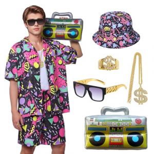 Antsparty D&eacute;guisement Ann&eacute;e 80 Homme Femme, Costume Annee 80 R&eacute;tro Manches Courtes et Shorts avec Le Chapeau Accessoires Disco, Costume Ann&eacute;es 80 Surv&ecirc;tement Carnaval Disco Soir&eacute;e (FaceLove, neuf)