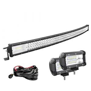 Willpower 127cm 50'' 648W Barre LED Incurvé + 2pcs 18cm 72W Phare de Travail LED + Faisceau de Câblage Rampe LED Bar a LED 12V 24V Étanche Projecteur LED pour 4x4 Voiture Camion Tracteur Quad Bateau (YZ-EU, neuf)