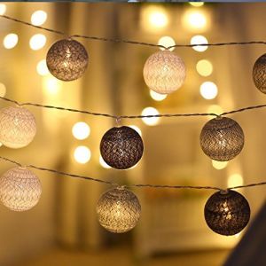 Guirlande lumineuse LED, DOTBUY Intérieur Pile Lumiere Décoration Chambre Enfant Boules Coton Batterie Chaîne Pour Maison Valentin Noël Fêtes Mariage (3.3m / 20 Boule lumière, Gris noir et blanc) (DOTDOT SHOP, neuf)