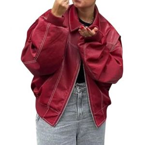 ORANDESIGNE Veste de Motard Surdimensionn&eacute;e en Similicuir pour Femme Leather Blazer Manteau Fermeture &eacute;clair Oversize Jacket Veste Bomber en Cuir F Rouge S (Wowmart Zoo X., neuf)
