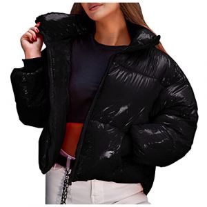 Veste Puffer pour femme - Doudoune brillante - Veste d'extérieur chaude - Manches longues - Veste matelassée - Couleur unie - Hiver - Neige - Avec capuche - Fermeture éclair - Métal brillant (Angel shipin, neuf)