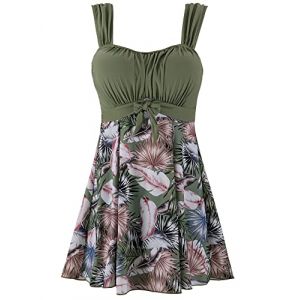 Wantdo Femme Maillot 1 Pièce Maillot de Bain Jupette Plage Push Up Amincissante Slim Cache Ventre Maillot avec Jupe Elégant Grande Taille Floral Tankini Fleur Bambou 54 (C'est la vie, neuf)