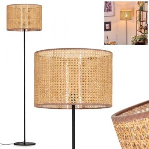 Lampadaire Barcos, lampadaire en m&eacute;tal/osier viennois/rotin noir/naturel, lampe au design scandinave avec abat-jour rond (&Oslash; 40 cm) et interrupteur au pied, hauteur 158 cm, 1 x E27, sans ampoule (hofstein, neuf)