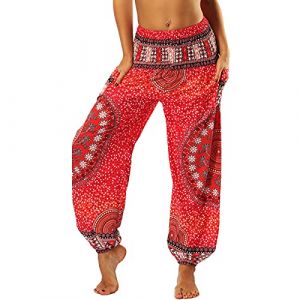 Nuofengkudu Femme Harem Pantalon Sarouel Thaïlandais Hippie Baggy Léger Boho Ethnique Smockée Taille Haute avec Poches Yoga Pants Été Plage ,Rouge Fleur,Taille unique (better Life, neuf)