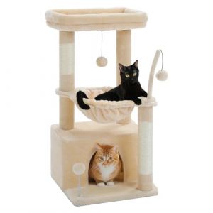 PAWZ Road Arbre &agrave; chat d'int&eacute;rieur avec niche super grande, tour &agrave; chat avec griffoir, grand hamac, boule suspendue et perchoir sup&eacute;rieur, 79 cm Beige (Johnson SY, neuf)
