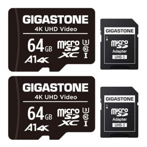 Gigastone Carte Mémoire 64 Go Lot de 2 Cartes, Compatible avec Gopro Drone Caméra Tablette Samsung Sony, Haute Vitesse pour 4K UHD Vidéo, A1 U3 C10 Carte Micro SDXC avec Mini étui et Adaptateur SD. (Gigastone Pro, neuf)