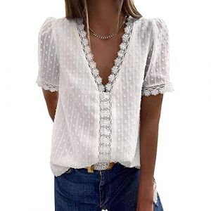 Bipily Chemisier Femme Dentelle D&eacute;contract&eacute; Col V &Eacute;l&eacute;gant Couleur Unie Vintage Manches Courtes Casual Dentelle Blouse(Blanc,XXL) (Bipily FR, neuf)