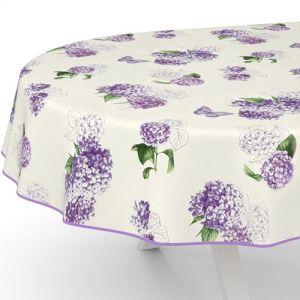 ANRO Nappe en toile cirée lavable, pour table de jardin, de forme ronde, ovale ou rectangulaire, ovale, 180 x 140 cm, avec ourlet (bordée), fleurs lilas (anrotradegmbh, neuf)