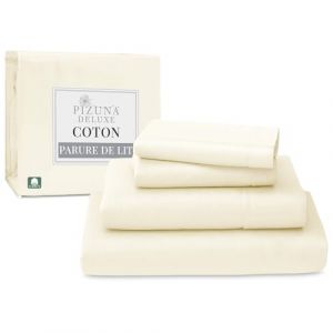 Pizuna 100% Coton Parure de Lit 180x200 cm Nouveau Ivoire, Tissu de Satin de Coton &agrave; 600 Fils au Pouce carr&eacute; Comprend 1 Drap Housse, 1 Drap Plat, 2 Taie d'oreiller (Coton Draps 2 Personnes) (Pizuna Linens France, neuf)