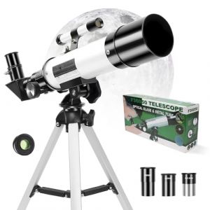 T&eacute;lescope pour Enfants et d&eacute;butants 50mm d'ouverture 360mm focale, T&eacute;lescope r&eacute;fracteur Portable avec 3 oculaires, tr&eacute;pied r&eacute;glable et Adaptateur pour Smartphone (Blanc) (Esoldnic-EU, neuf)