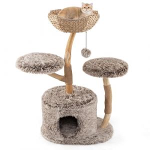 SOARS Arbre &agrave; Chat en Bois, 105 cm avec 2 Plateformes et 1 Niche en Peluche, 1 Panier de Rotin, 1 Pompon, Corde en Jute et Troncs Naturels, Tour Chats Stable, Marron (Magichome24, neuf)