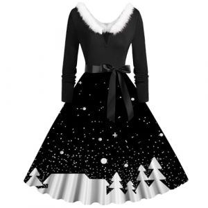 Robe Noël Femme Chic Robe De Noel Femme Chic Flocon de Neige Robe Année 80 Noël Robe de Cocktail Vintage élégante Col Rond Jupe Plissée Rétro Rockabilly Années 50 Robe de Soirée Costume De Noël (BAULMD（90% Big Promotion Without Discount Code ）, neuf)