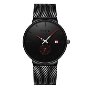 LIGE Montres Homme 3ATM Waterproof Vintage Quartz Date Mens Watches Black Mesh Stainless Steel Strap Business Casual Simple Analogue Wrist Watch Montre Etanche Homme,Aiguille Rouge (BANGWEI Store, neuf)
