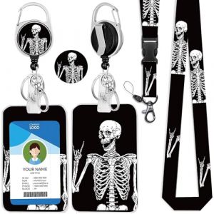 bolimoss Lanière tête de mort avec porte-cartes rétractable, porte-badge squelette cool avec fenêtre transparente pour carte d'identité et cordon tour de cou, cordon de bureau, porte-badge (bolimoss, neuf)