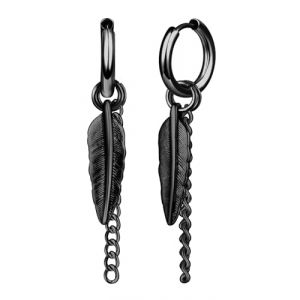 Yumilok Boucles d'oreilles Créoles en Acier Inoxydable pour Hommes: Noir Pendantes d'oreilles de Plume et Chaîne - Fashion Anneau d'oreille Femmes - Bijoux Fantaisie Décoration Adolescent (Yumilok, neuf)