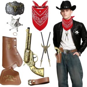MUNSKT 7 Pcs Accessoires D&eacute;guisement Cowboy Western - Bandana Paisley, Holster, Ceinture Cowboy Homme, Cravate Bolo, Insigne Sheriff, Kit Costume pour Halloween Cosplay (Marron) (MUNSKT*, neuf)