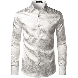 PARKLEES Chemise de luxe &agrave; manches longues en jacquard pour homme, coupe ajust&eacute;e, en satin imitation soie, imprim&eacute; floral, chemises pour mariage, bal, blanc ivoire, M (PARKLEES, neuf)