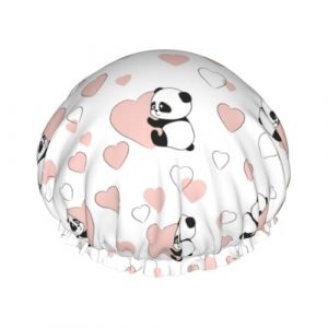 Bonnet de douche, bonnet de douche en forme de c&oelig;ur panda pour femme, r&eacute;utilisable, imperm&eacute;able, bonnet de douche pour douche, double couche &eacute;lastique pour cheveux longs (JQMY-EU, neuf)