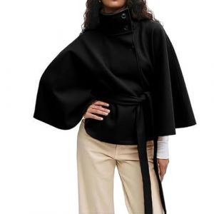 Cape tendance d'automne avec ceinture et col montant - Manteau en laine - &Eacute;l&eacute;gante cape avec ceinture - Manteau d'hiver court, Noir , S (BINGXIAO-US, neuf)