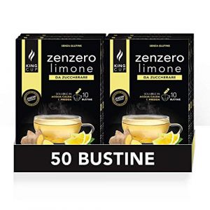 King Cup - 5 Paquets de 10 Sachets Solubles de Boisson Gingembre et Citron Sans Sucre, 50 Stick de 6 gr, Go&ucirc;t Gingembre et Citron &agrave; Ajouter &agrave; 60 Ml d&rsquo;Eau Chaude, Sans Gluten, Sans Lactose (KING CUP, neuf)