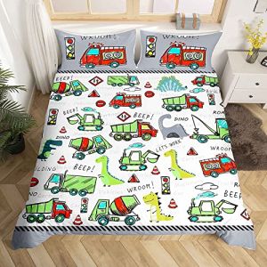 Homemissing Construction Parure de Lit 220x240cm Ensembles Dinosaures Housse Couette Équipement Dessin Animé Décoratif Camions Dino Machines Mignonnes Voiture Gris, Multicolore 1a (Bofanshangmao, neuf)
