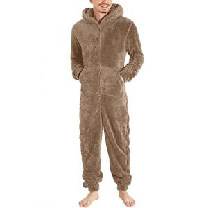 YOSUWOAI Combinaison en polaire pour homme - Pyjama une pi&egrave;ce moelleux et doux - Combinaison douillette et chaude - Pyjama confortable - Pyjama d'hiver long avec capuche, O Kaki, 4XL (LDeianp, neuf)