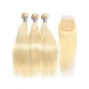 Larafona Hair Tissage et Lace Closure Blond 613# Naturel Tissage Humain Cheveux 100% Remy Brésilien Meches Extensions Lisse (16"18"20"+14"closure) (Larafona Hair Extensions and Wigs, neuf)