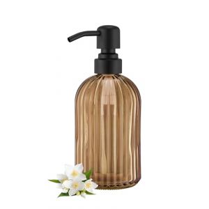 Distributeur de savon en verre ambr&eacute; de 473,6 g, distributeur de savon pour les mains de salle de bain &agrave; rayures ambr&eacute;es avec pompe noire mate en acier inoxydable, distributeur de savon de cuisine en (hongguangkejiyouxiangongsi, neuf)