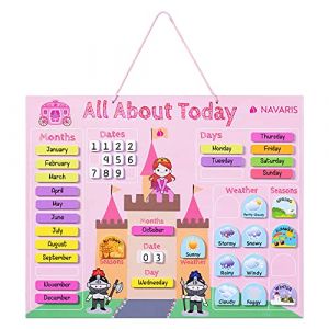 Navaris Calendrier enfant &eacute;ducatif - Calendrier magn&eacute;tique mural 40 x 32 cm en anglais - Semainier avec 43x aimant jours mois date saison m&eacute;t&eacute;o (SX-Commerce, neuf)