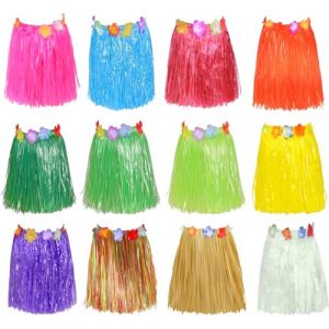 12 Pièces 60cm hawaïenne jupe en herbe, Jupe Hawaienne Femme, Jupe d'herbe Hawaïenne en Plastique, upe Élastiques de Fête de Luau avec Fleurs d’Hibiscus Deguisement Fille Hawai Pour Hawaïen Party (GymUP, neuf)