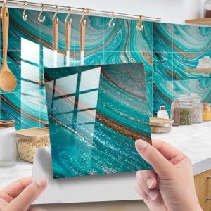 Hiser 20 Pièces Marbre Stickers Adhésive Décorative à Carreaux pour Salle de Bains et Cuisine Stickers Carrelage, Mosaïque Imperméables Auto-adhésifs Décoration (Bleu,15x15cm) (Hiseng, neuf)
