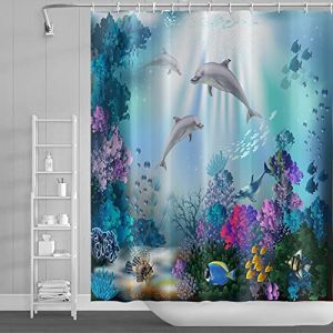 SDOTPMT 152x183cm Océan Dauphin Rideau de Douche Rayon de Soleil Tropical Rideau de Bain sous-Marine Monde Marin Animaux Rideau de Bain pour Salle de Bain Étoffe Polyester Étanche avec Crochets (SDOTPMT, neuf)