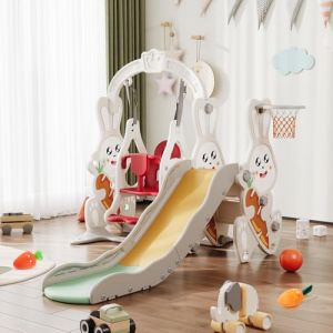 Toboggan pour Enfant 4 en 1,Toboggan pour L'apparence du Lapin,Ensemble Balançoire et Glissière pour Enfants,avec Balançoire,Glissière,Support de Basket - Ball, Blanc (VISTA SHOP ST S.R.L., neuf)