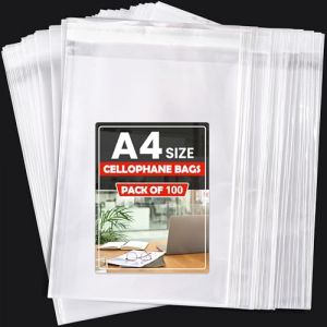 Sacs en cellophane A4 auto-scellants CelloMania (lot de 100) - Sacs cadeaux transparents auto-adh&eacute;sifs OPP pour cartes, cartes postales, friandises et emballage - Sac poly transparent de qualit&eacute; (CelloMania, neuf)