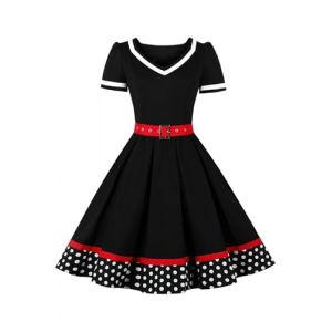 AXOE Femme Robe Vintage Année 50 Pin up Rockabilly Cocktail avec Ceinture Noir et Ourlet à Pois Blanc, Taille 50, 4XL (AXOE-FR, neuf)
