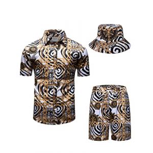 fohemr hommes baroque ensemble de deux pièces or chaîne motif blanc chemise short avec chapeau de pêcheur Casual set vacances d'été plage set XX-Large (fohemr, neuf)