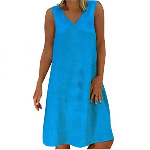 RLEHJN Robe Femme Chic Et Elegant Ete Robe Plissée Mi-Longue à sans Manches Robes D'été pour Femmes Robe Débardeur Maxi en Coton Et Lin Col V Couleur Unie Robe D'été Longue Robe De Plage Cadeau Maman (⭐⭐⭐⭐⭐RLEHJN (5-15 jours Arrivé), neuf)
